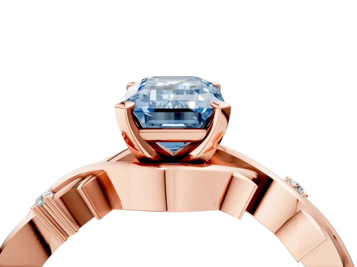 Fancy Blue Emerald Cut Diamond Solitaire Ring with Twisted Band and Prong Setting Rose gold