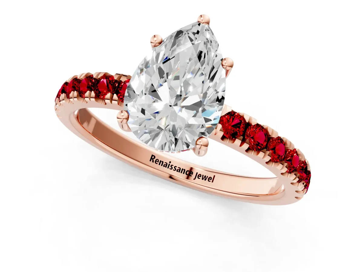 Pear Cut Diamond Pave Band Solitaire Ring with Round Ruby and Prong Setting Rose gold