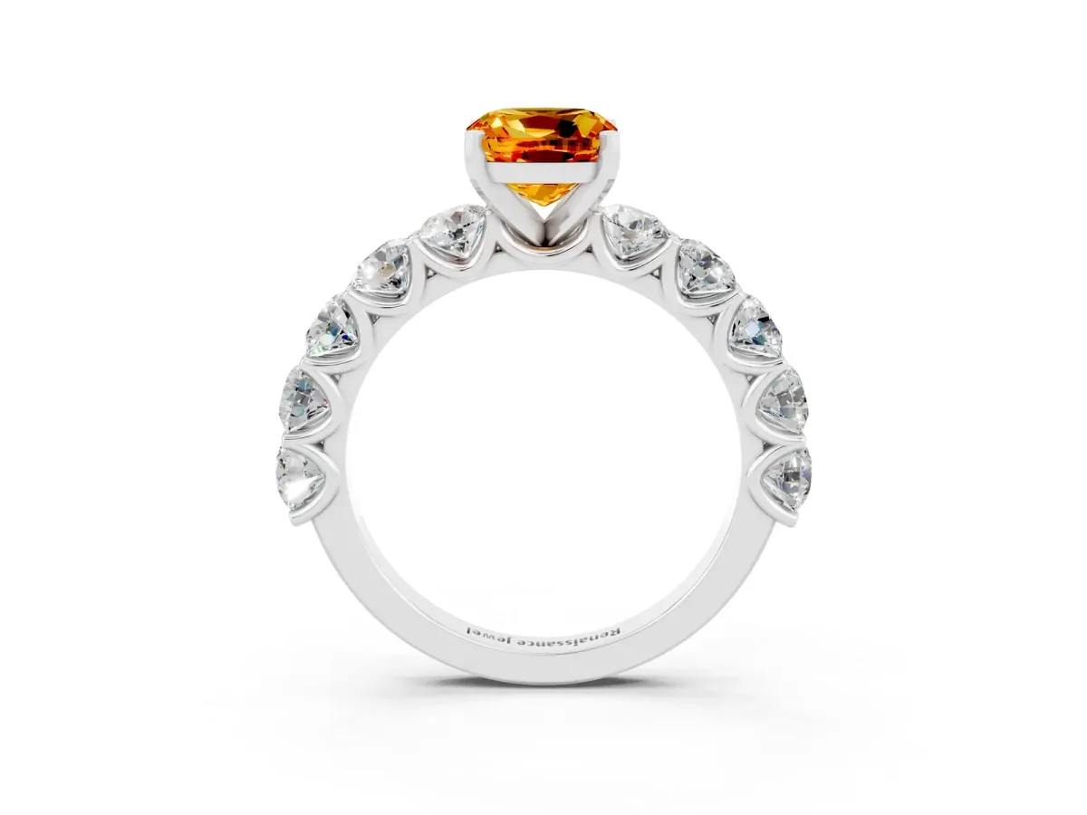 Cushion Cut Citrine Prong Setting with Side Stones on a Pave Band Silver