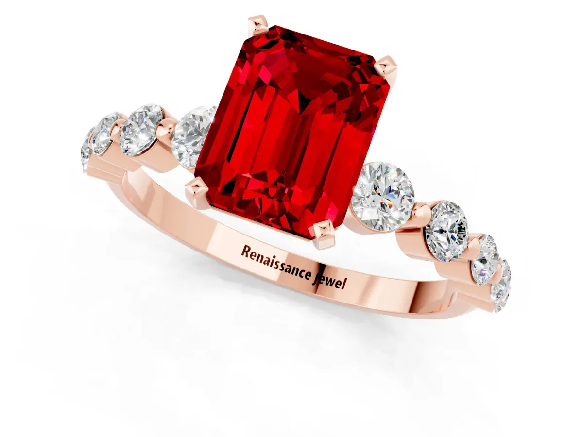 Emerald Cut Solitaire Ruby Ring with Pave Band and Four-Prong Setting Rose gold