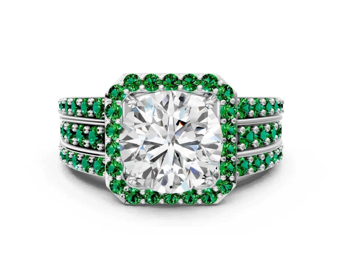 Round Cut Halo Diamond Ring with Round Emerald Split Shank and Prong Setting White gold