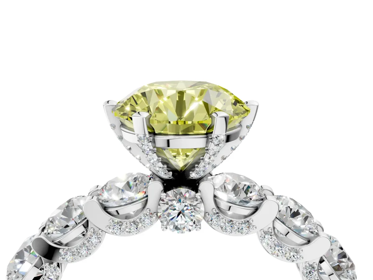 Fancy Yellow Round Cut Diamond Side Stone Engagement Ring with Four-Prong Setting White gold