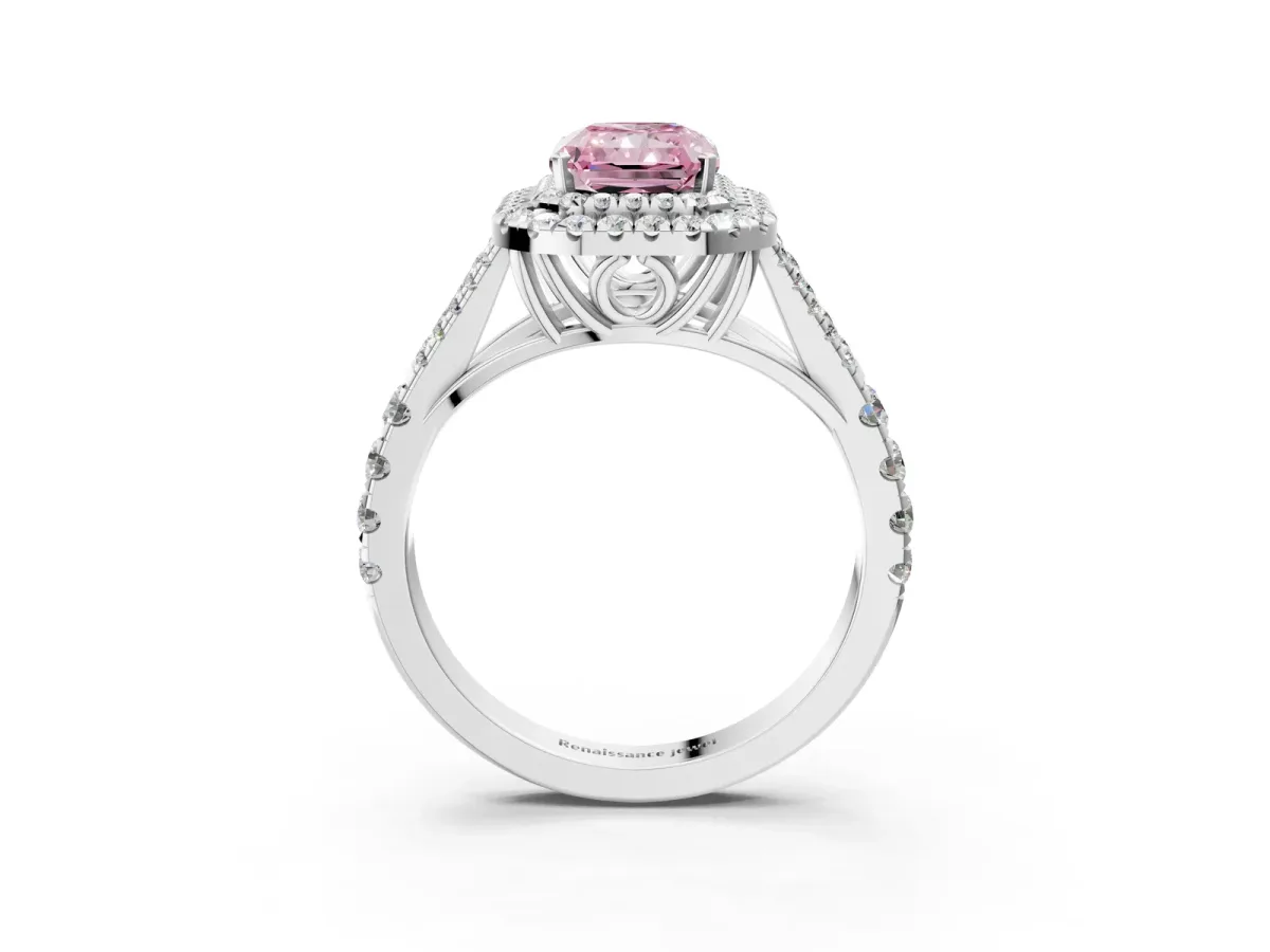 Fancy Pink Radiant Cut Cut Double Halo Split Shank Diamond Ring with Prong Setting Platinum
