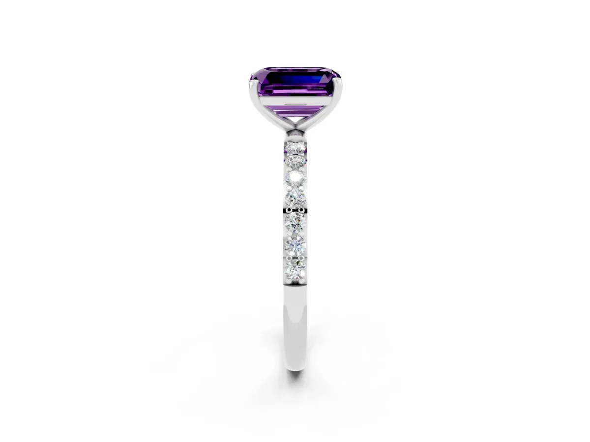 Emerald Cut Amethyst Solitaire Ring with Round Pavé Band and Prong Setting Platinum