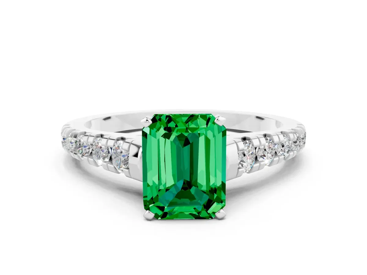 Emerald Cut Emerald Cathedral Solitaire Ring with Round Pavé Band Silver
