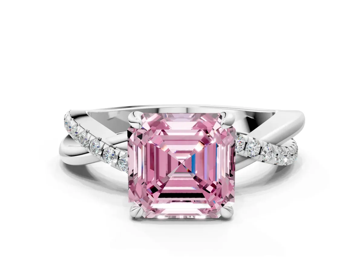 Fancy Pink Asscher Cut Cut Twist Band Solitaire Diamond Ring with Pavé Setting Platinum