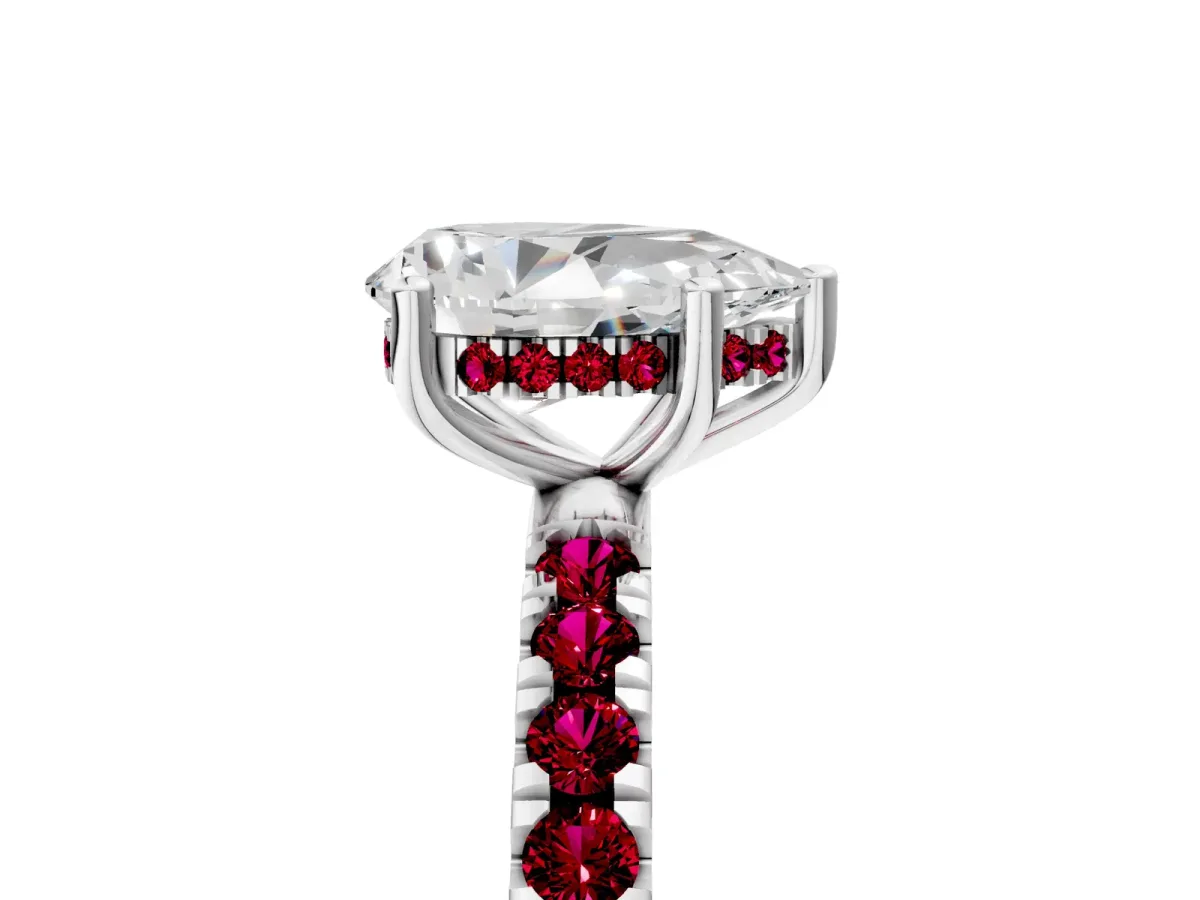 Pear Cut Diamond Pave Band Solitaire Ring with Round Garnet and Prong Setting Silver
