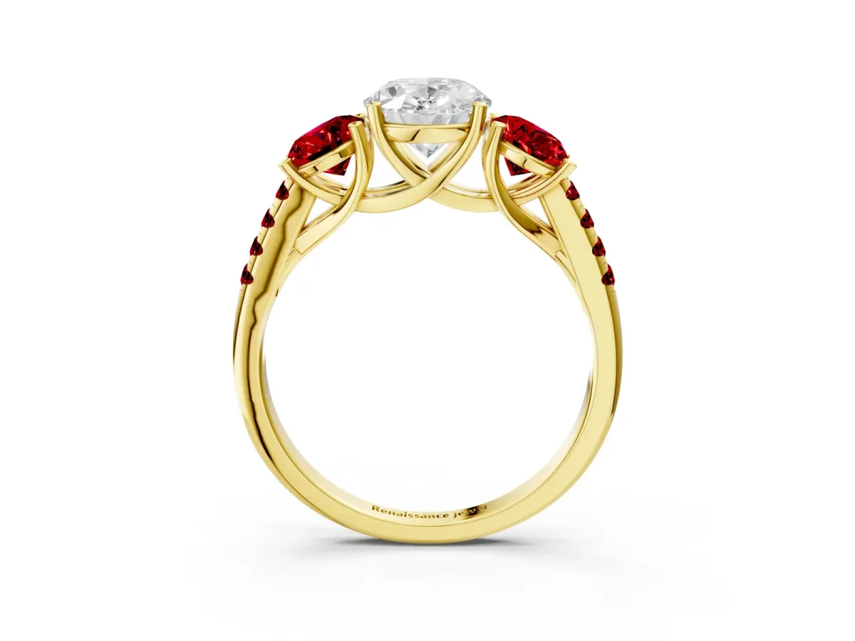 Three-Stone Oval Cut Diamond Ring with Round Ruby Pavé Band and Prong Setting Yellow gold