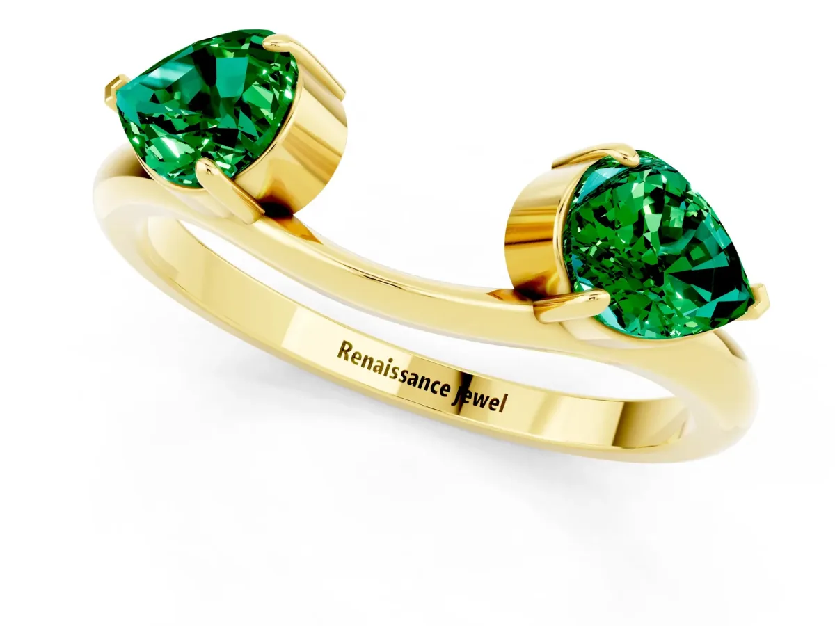 Two-Stone Pear Emerald Bypass Ring with Prong Setting Yellow gold