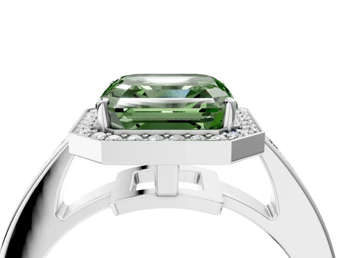 Fancy Green Asscher Cut Halo Pavé Diamond Engagement Ring with Bezel Setting Silver