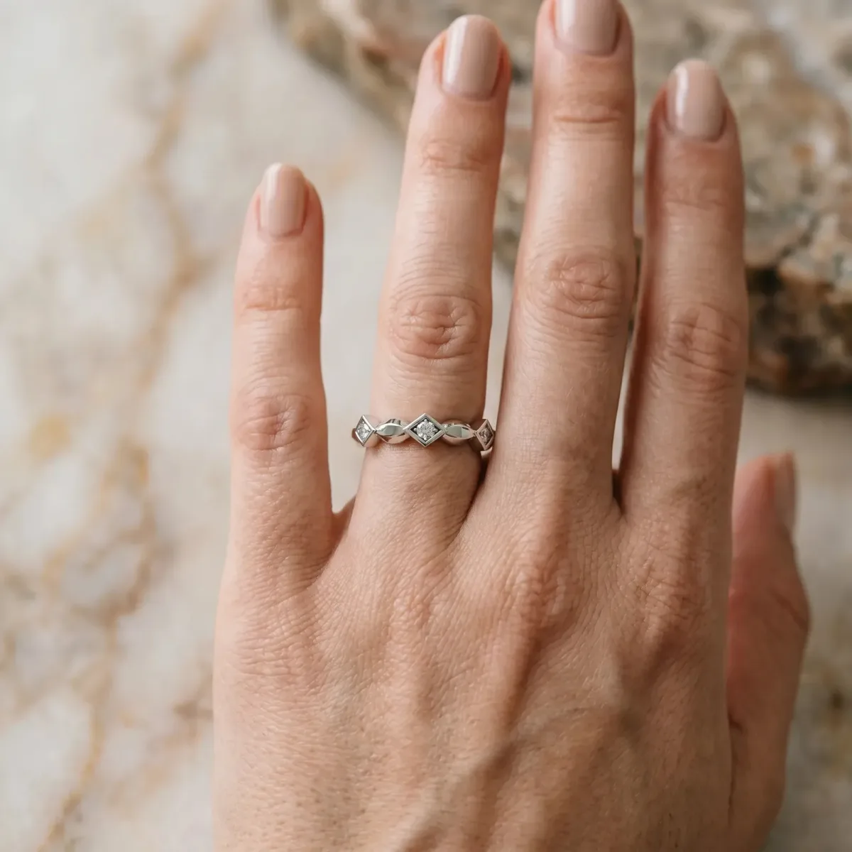 Square Diamond Twist Band with Bezel Setting Platinum