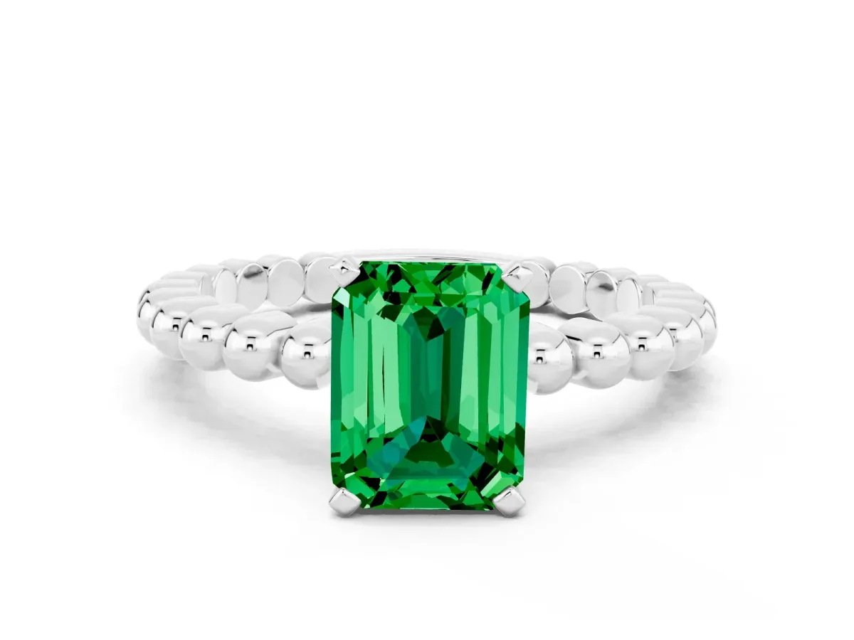 Emerald Cut Emerald Solitaire Ring with Beaded Band and Prong Setting Platinum