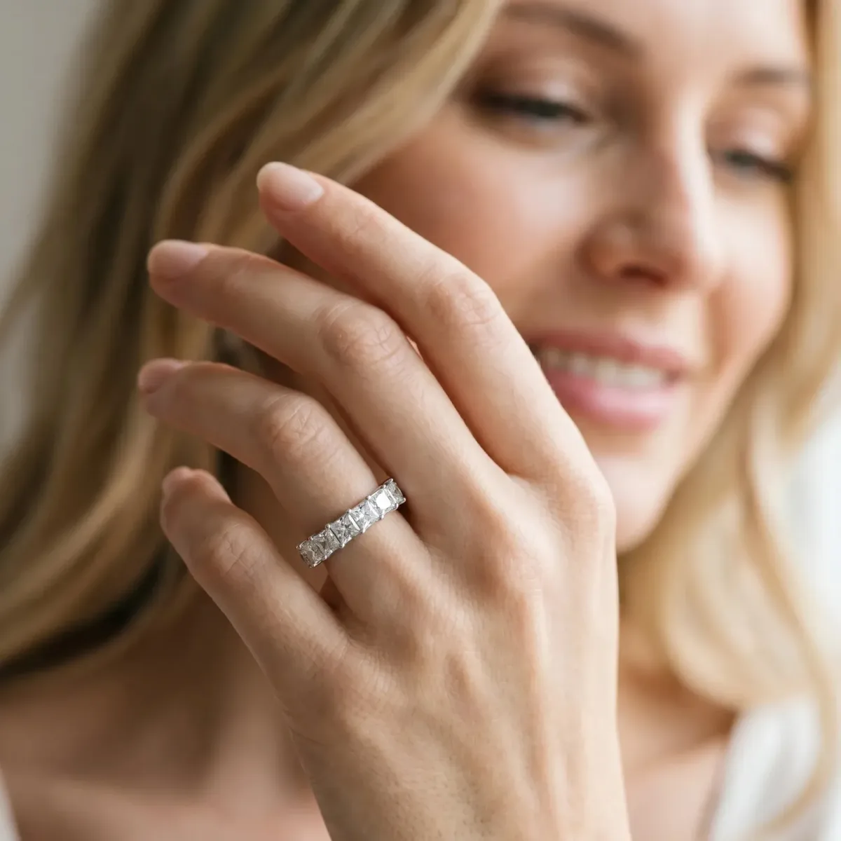 Princess Cut Diamond Channel-Set Eternity Band with Prong Setting Silver