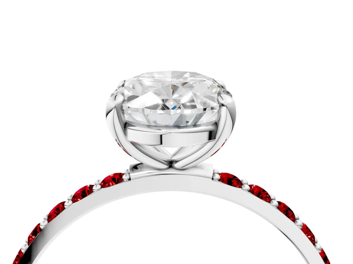 Oval Cut Diamond Solitaire Ring with Round Ruby Pavé Band and Prong Setting White gold
