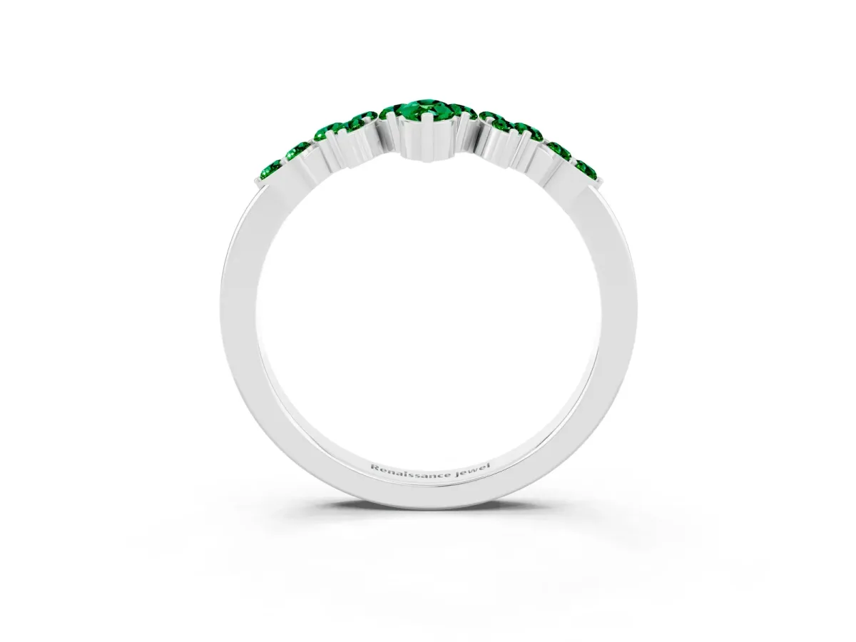 Marquise and Round Emerald Chevron Band with Prong Setting Platinum