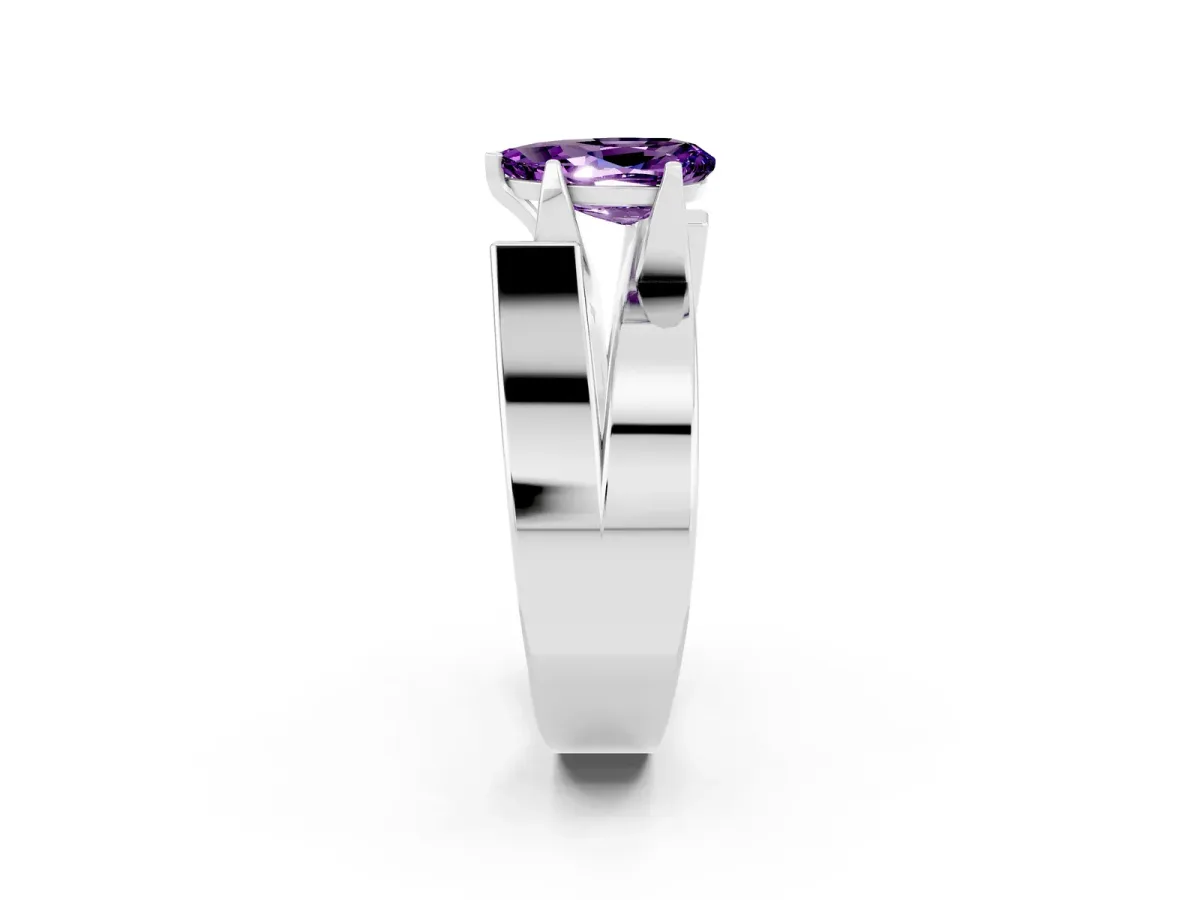 Modern Tension Set Pear Cut Amethyst Solitaire Wide Band Ring Silver
