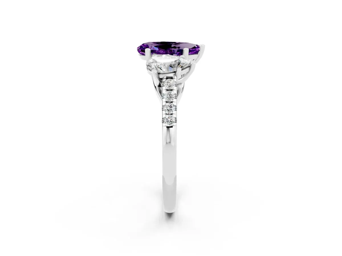 Three-Stone Pear Cut Amethyst Ring with Round Pavé Band and Prong Setting Silver