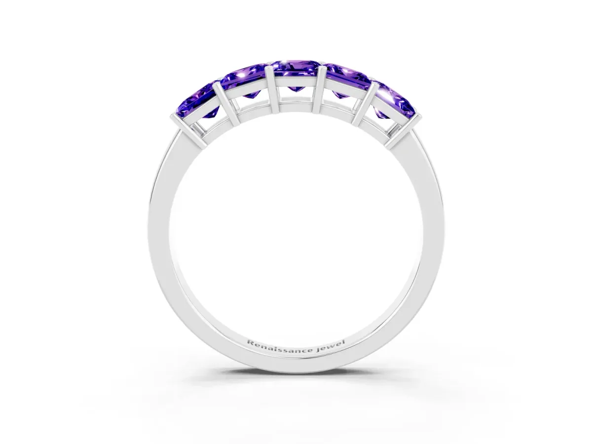 Princess Cut Five-Stone Tanzanite Band with Prong Setting Silver
