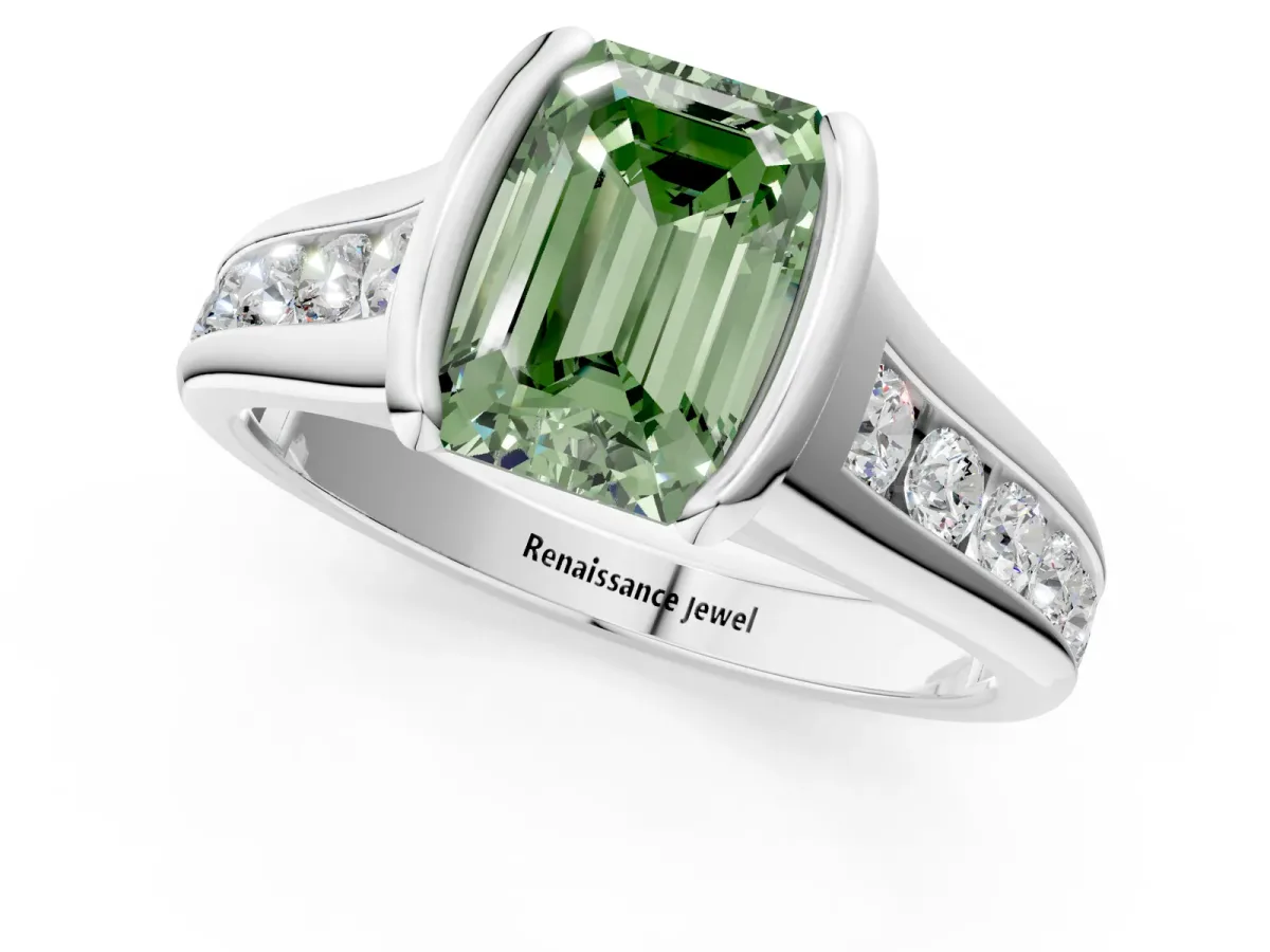 Fancy Green Emerald Cut Solitaire Bezel-Set Diamond Ring with Channel-Set Band Platinum