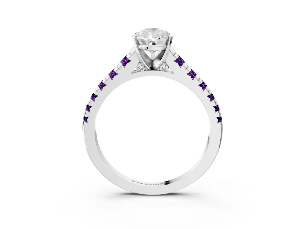 Pear Cut Diamond Cathedral Solitaire Ring with Round Amethyst Pavé Band Platinum