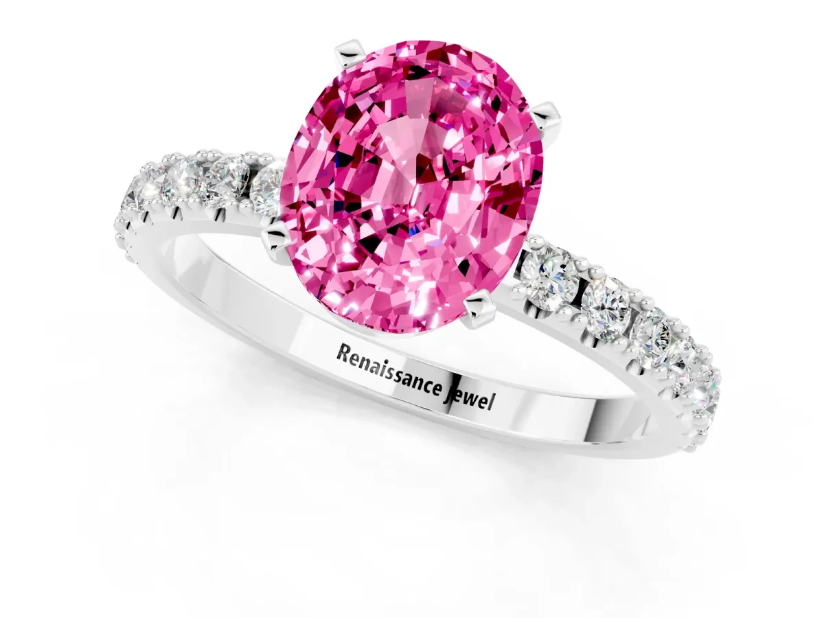 Oval Cut Pink Sapphire Solitaire Pavé Band with Four-Prong Setting Silver