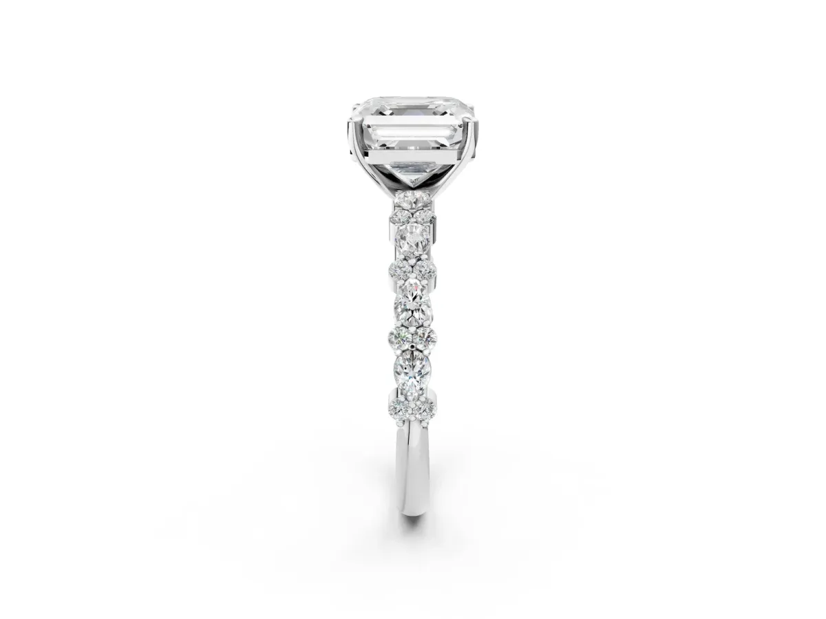 Asscher Cut Diamond Side Stone Solitaire Ring with Round Moissanite and Four-Prong Setting Platinum