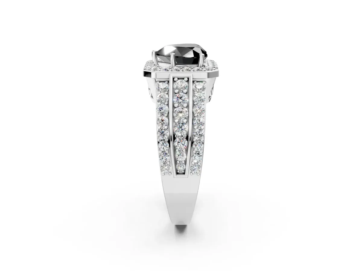 Fancy Black Heart Cut Halo Diamond Ring with Round Split Shank and Prong Setting Platinum