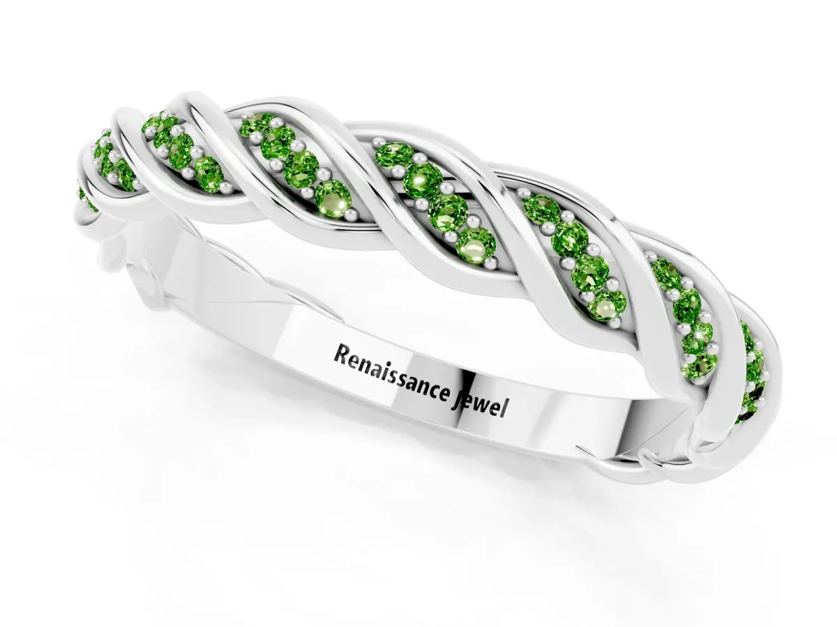 Twisted Pavé Round Peridot Eternity Band with Shared Prong Setting Platinum