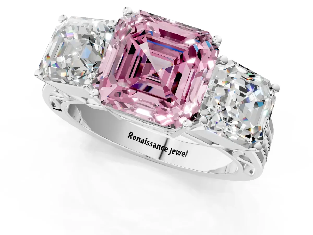 Fancy Pink Asscher Cut Diamond Three-Stone Ring with Prong Setting and Textured Band Platinum