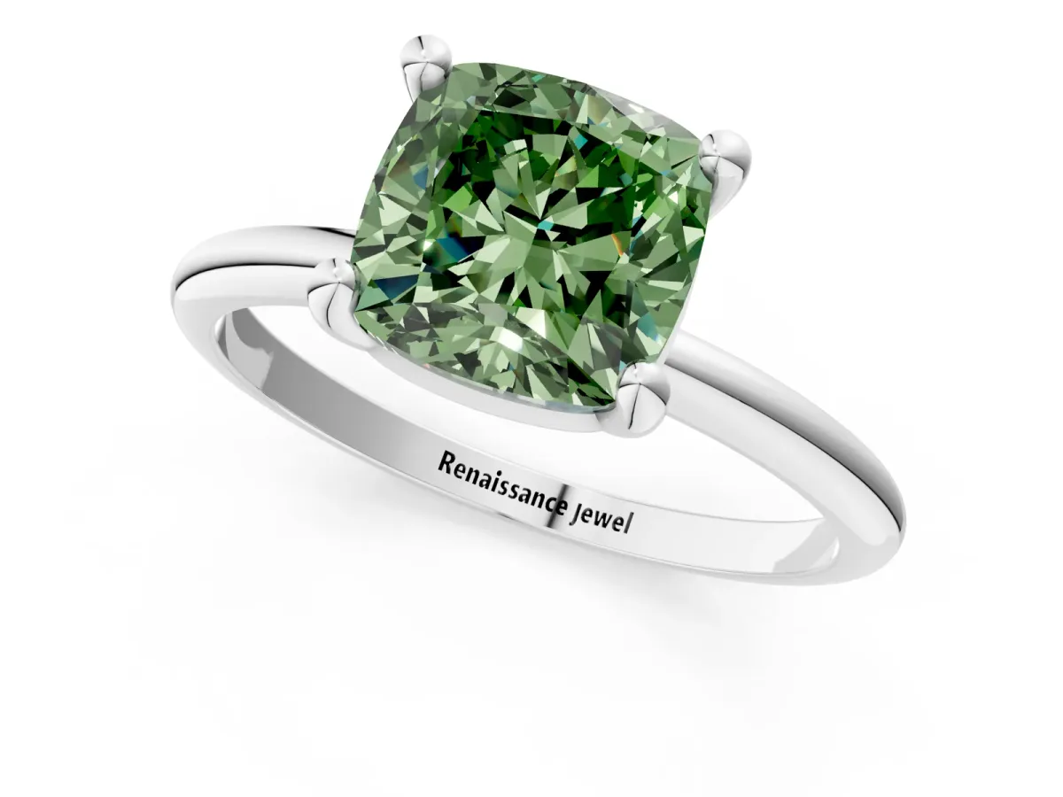 Fancy Green Cushion Cut Solitaire Diamond Ring with 4-Prong Setting on a Classic Band Silver