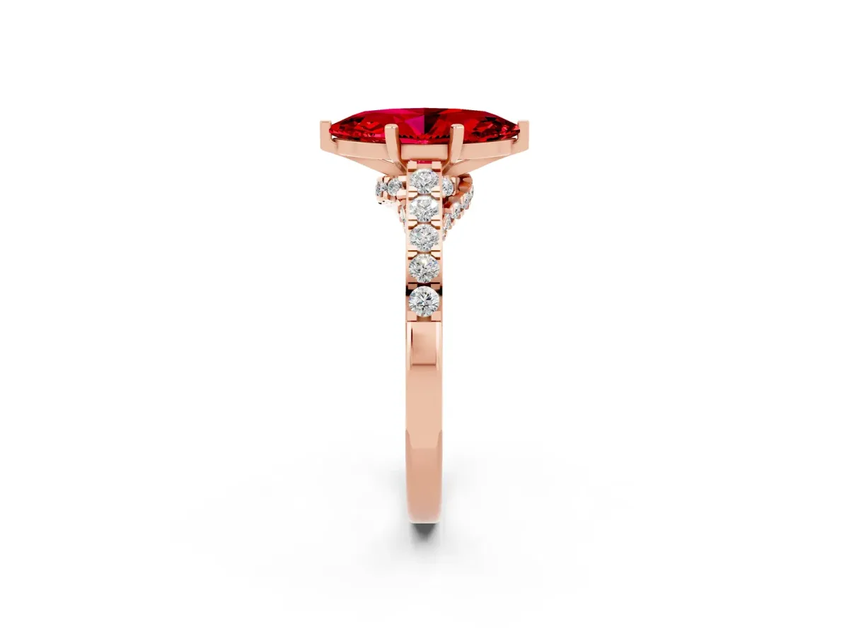 Marquise Cut Ruby Solitaire Ring with Crossover Gallery and Round Pavé Band Rose gold