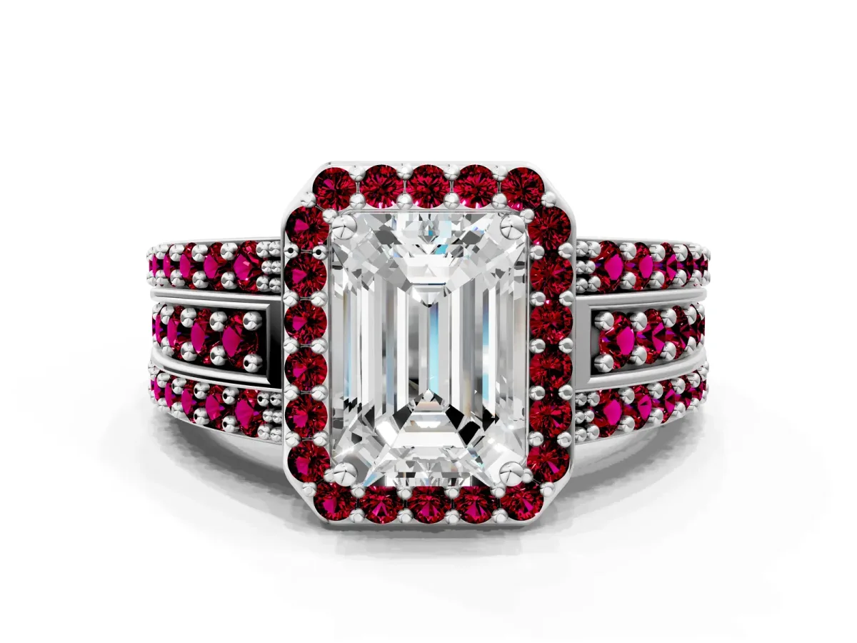 Emerald Cut Halo Diamond Ring with Round Garnet Split Shank and Prong Setting Silver