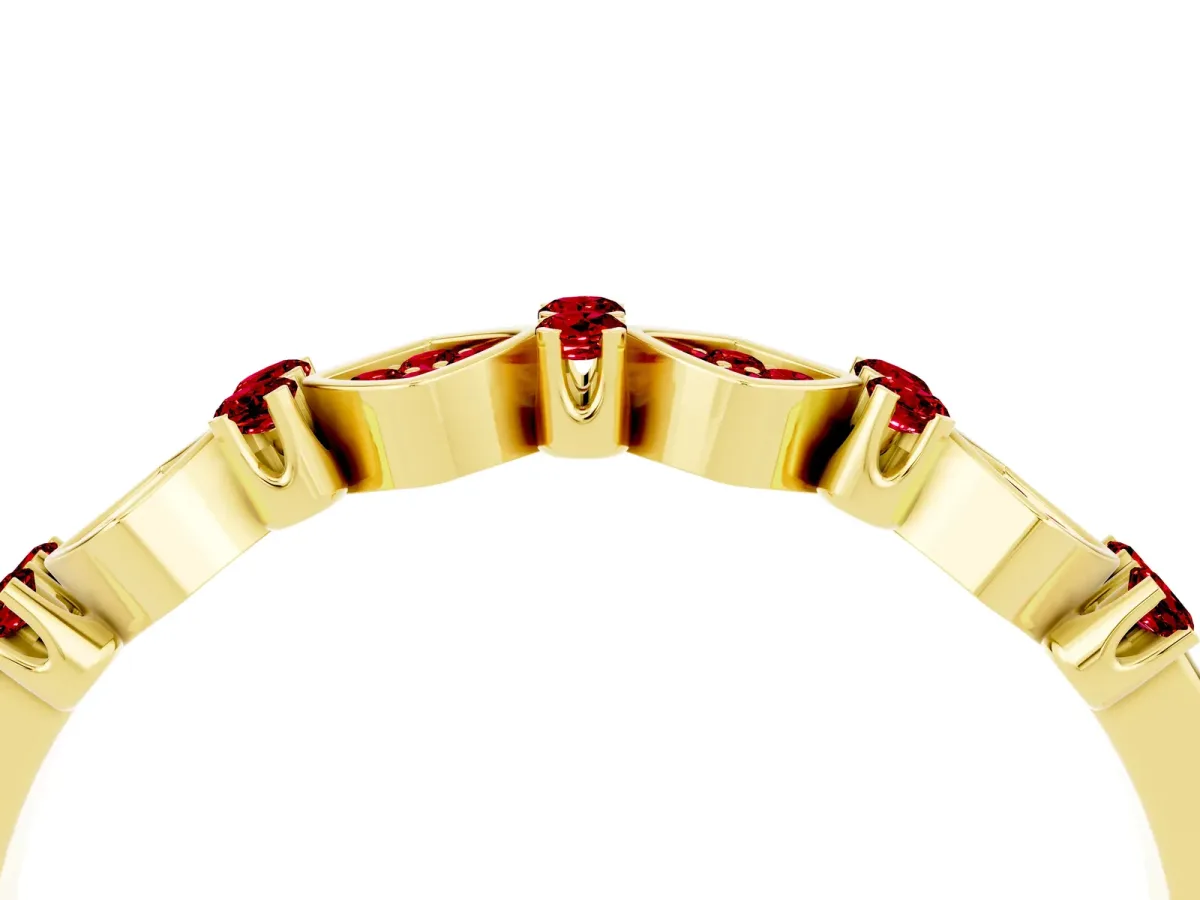 Pavé Cushion Ruby Cluster Eternity Band with Prong Setting Yellow gold