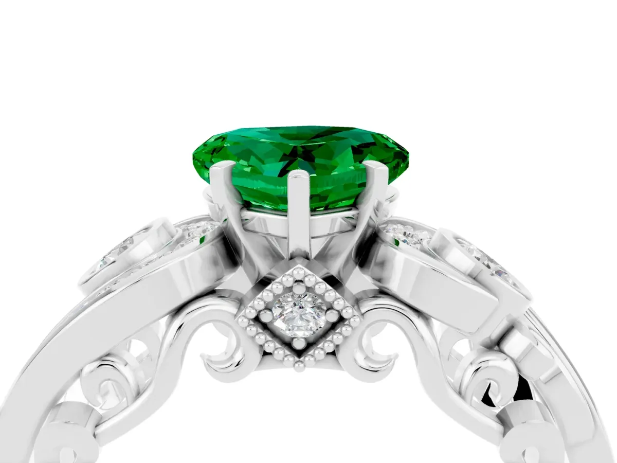 Heart Cut Emerald Solitaire Ring with Milgrain Pavé Band and Four-Prong Setting Silver
