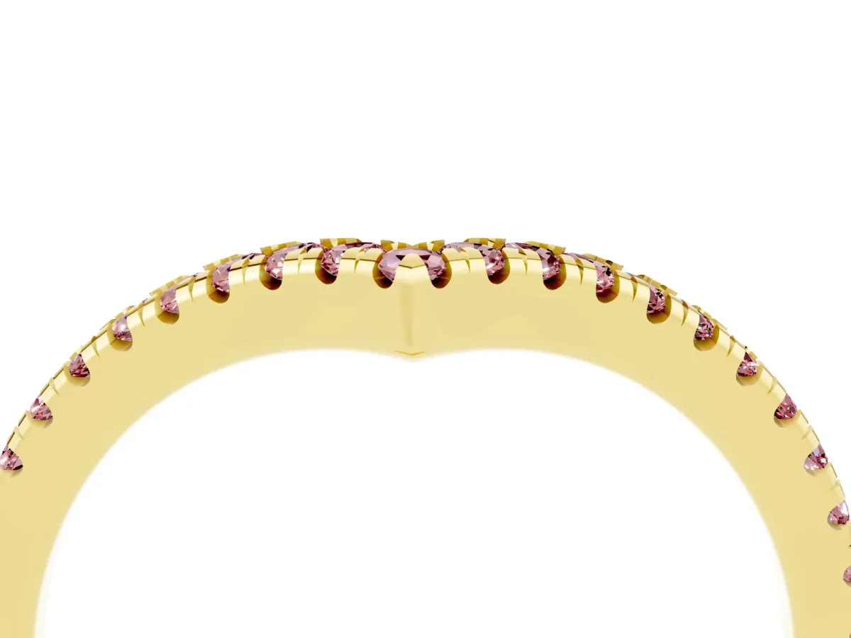 Pavé Round Morganite V-Shaped Chevron Band with Shared Prong Setting Yellow gold