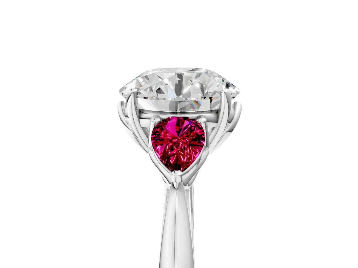 Round Cut Diamond Three-Stone Ring with Pear Garnet Side Stones and Prong Setting Silver