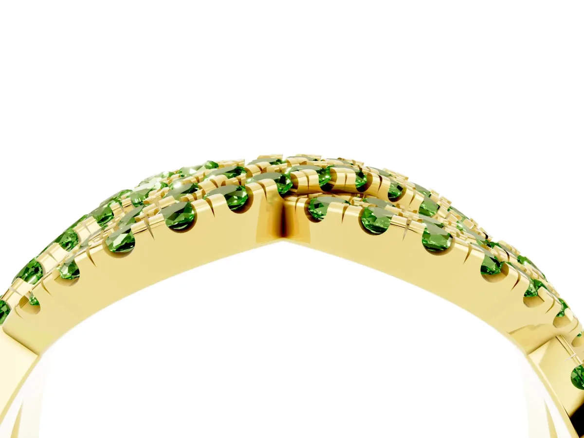 Pavé Round Peridot Infinity Twist Band with Shared Prong Setting Yellow gold