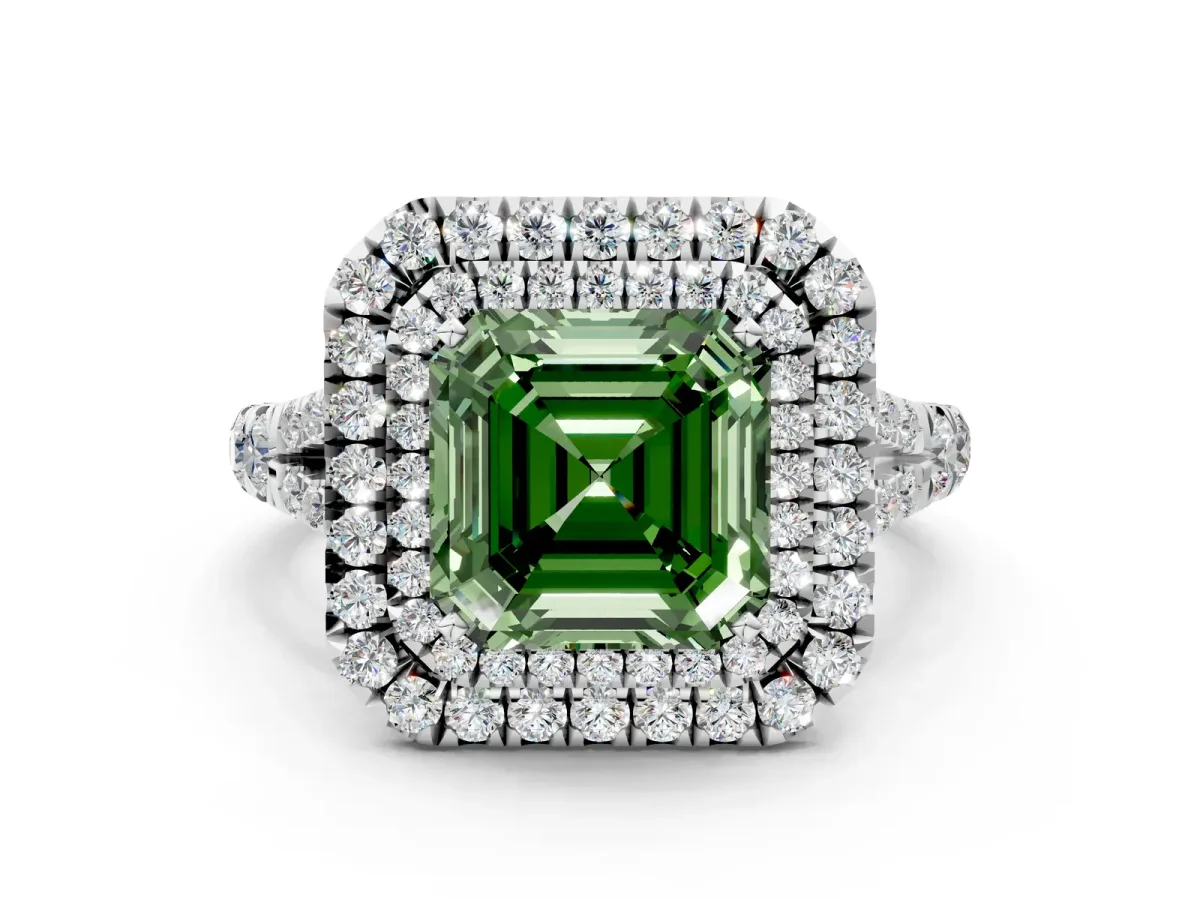 Fancy Green Asscher Cut Cut Double Halo Split Shank Diamond Ring with Prong Setting Platinum