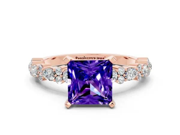Princess Cut Tanzanite Side Stone Solitaire Ring with Round and Four-Prong Setting Rose gold