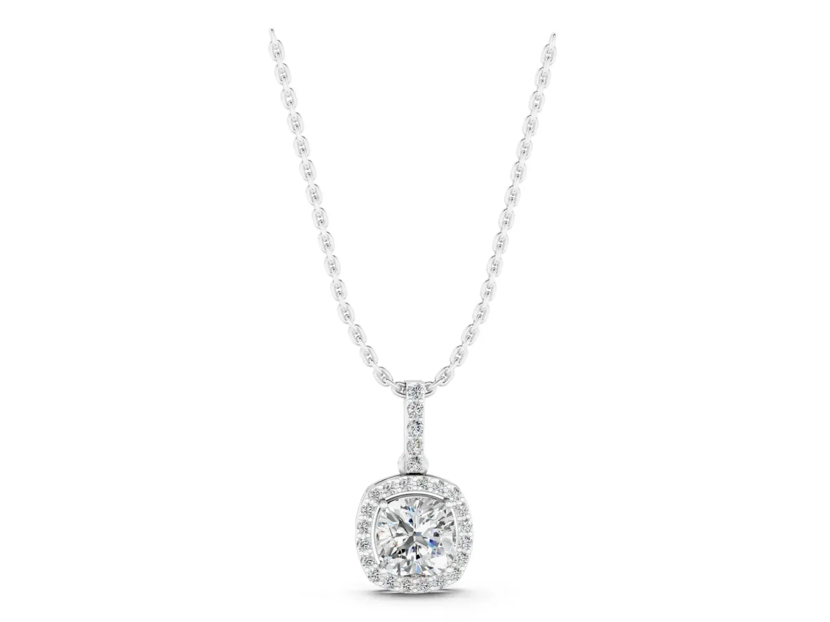 Cushion Halo Diamond Pendant with Prong Setting White gold