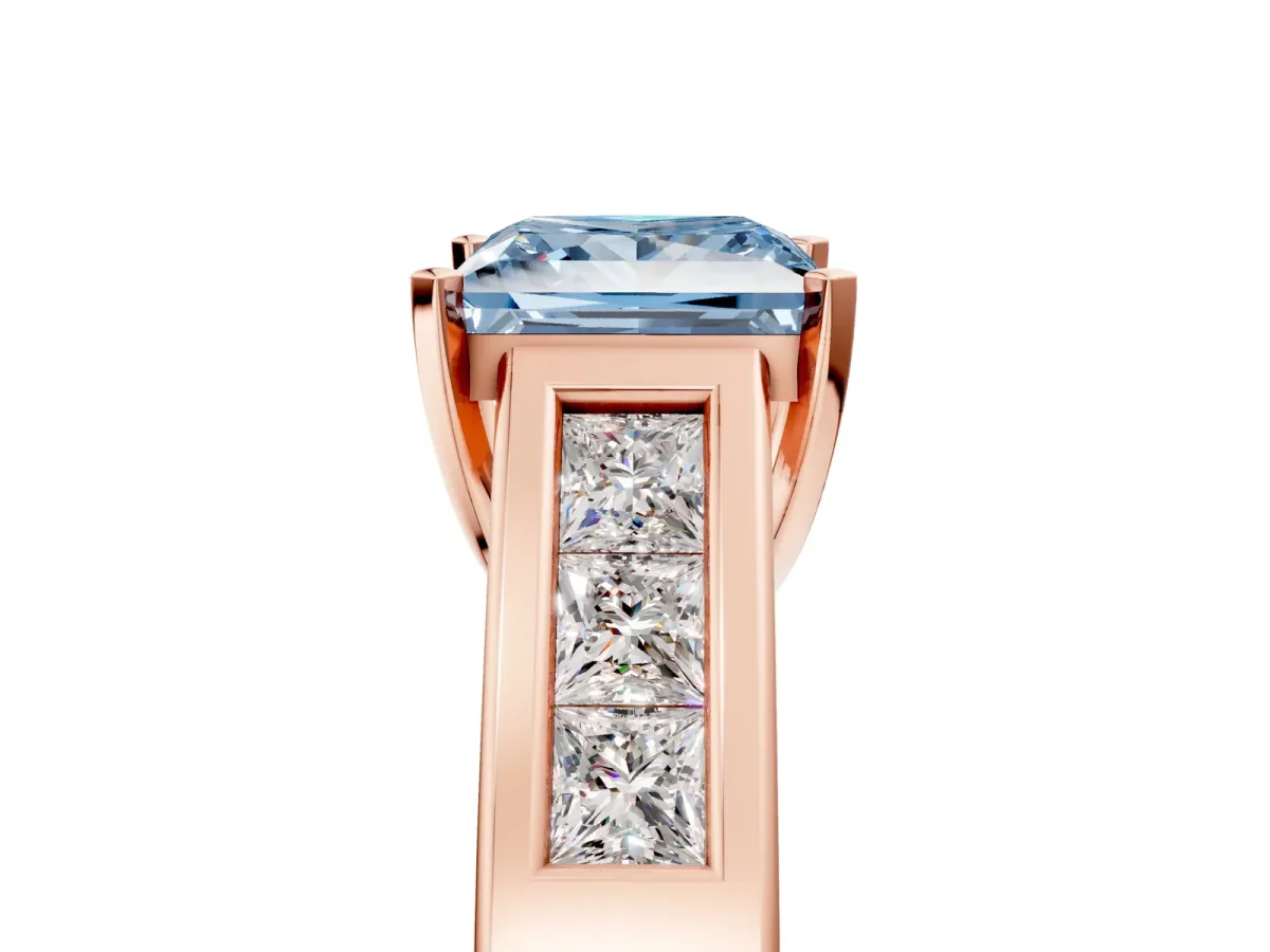 Fancy Blue Princess Cut Cut Channel Set Solitaire Ring with Four-Prong Setting Rose gold