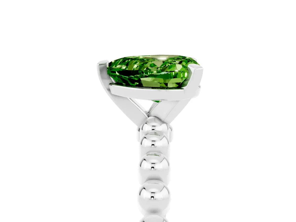 Heart Cut Peridot Solitaire Ring with Beaded Band and Prong Setting Silver