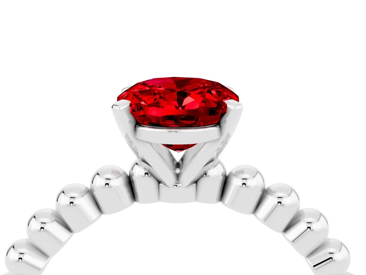 Oval Cut Ruby Solitaire Ring with Beaded Band and Prong Setting White gold