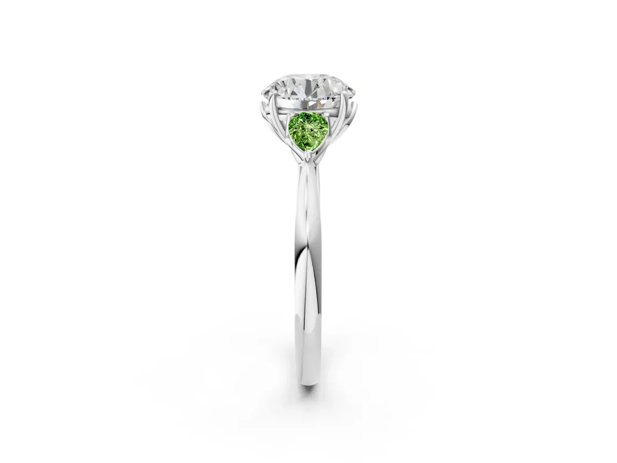 Round Cut Diamond Three-Stone Ring with Pear Peridot Side Stones and Prong Setting Silver
