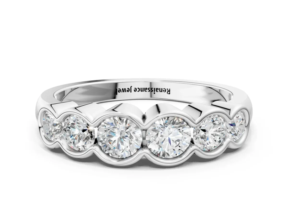 Round Diamond Scalloped Bezel Set Eternity Band Silver