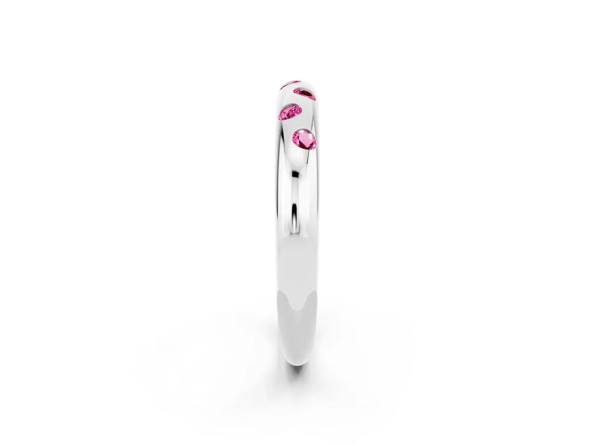 Round Pink Sapphire Flush-Set Comfort Fit Band Silver
