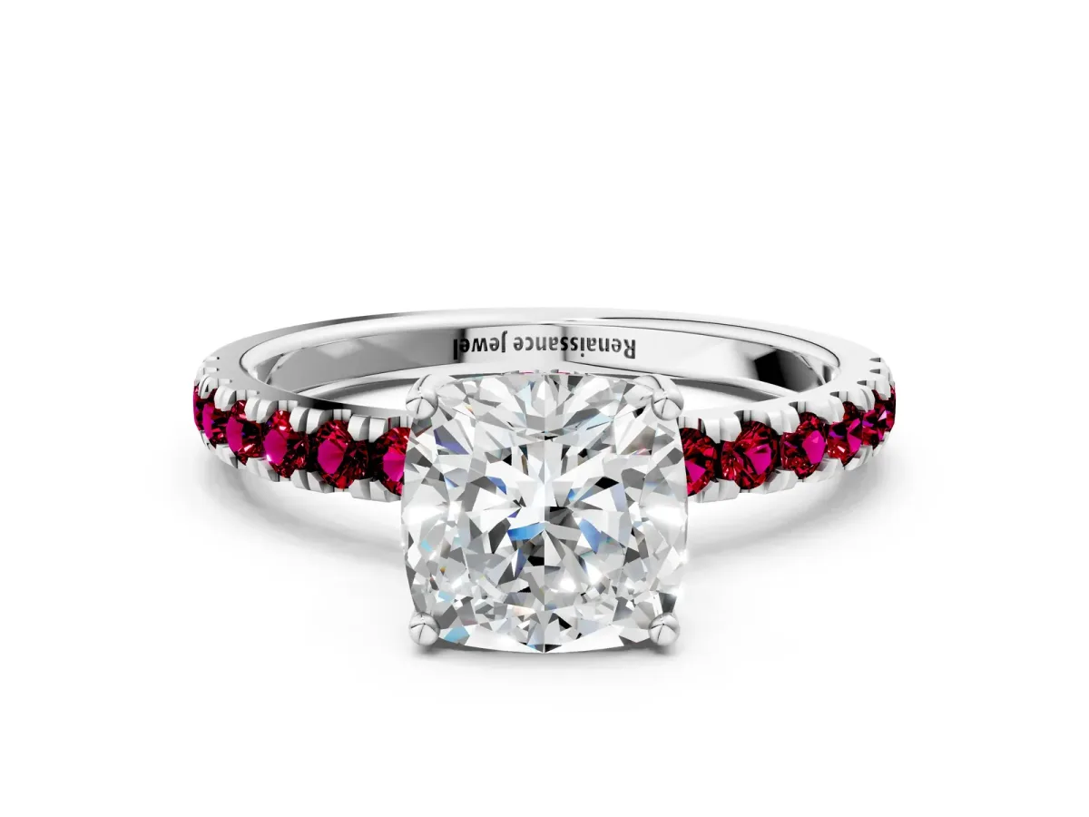 Cushion Cut Diamond Pave Band Solitaire Ring with Round Garnet and Prong Setting Silver