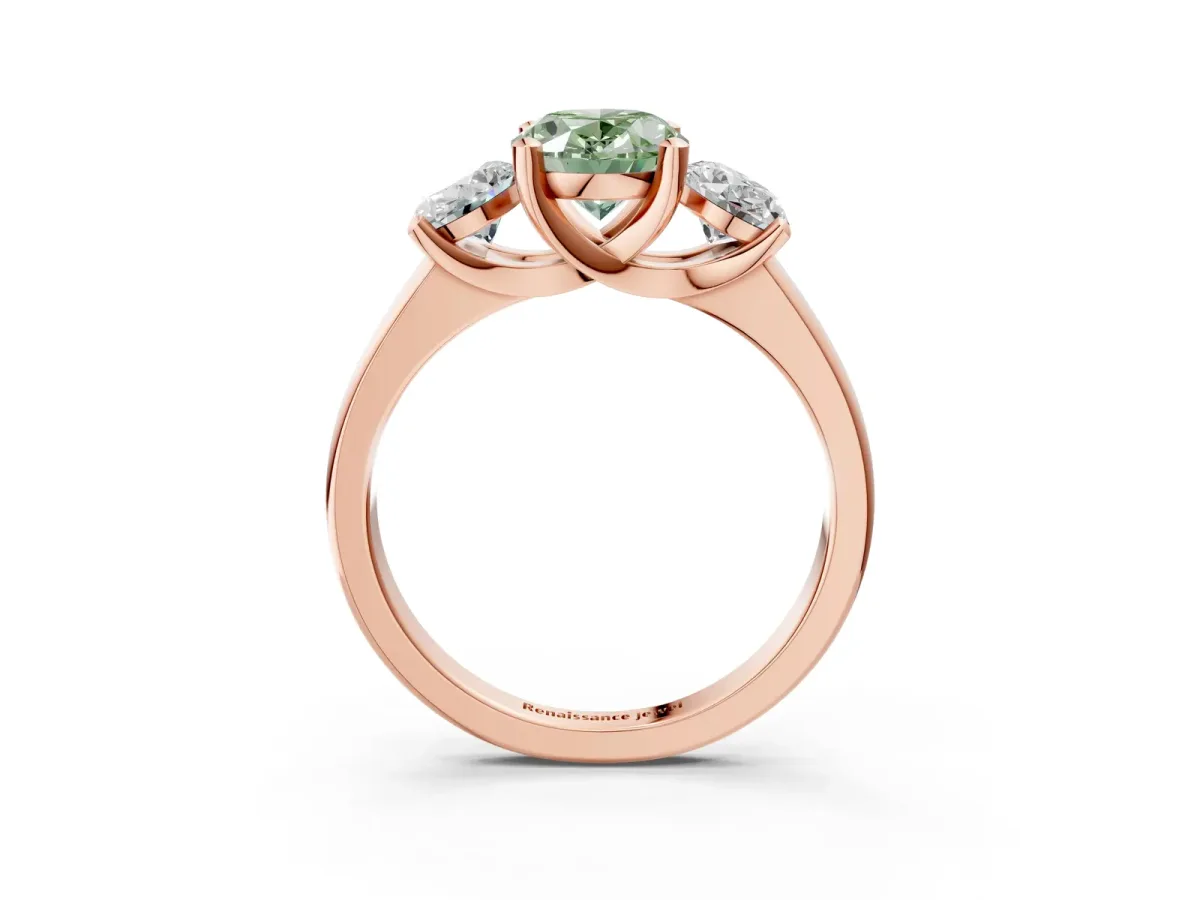 Fancy Green Three-Stone Oval Cut Cut Solitaire Ring with Classic Prong Setting Rose gold