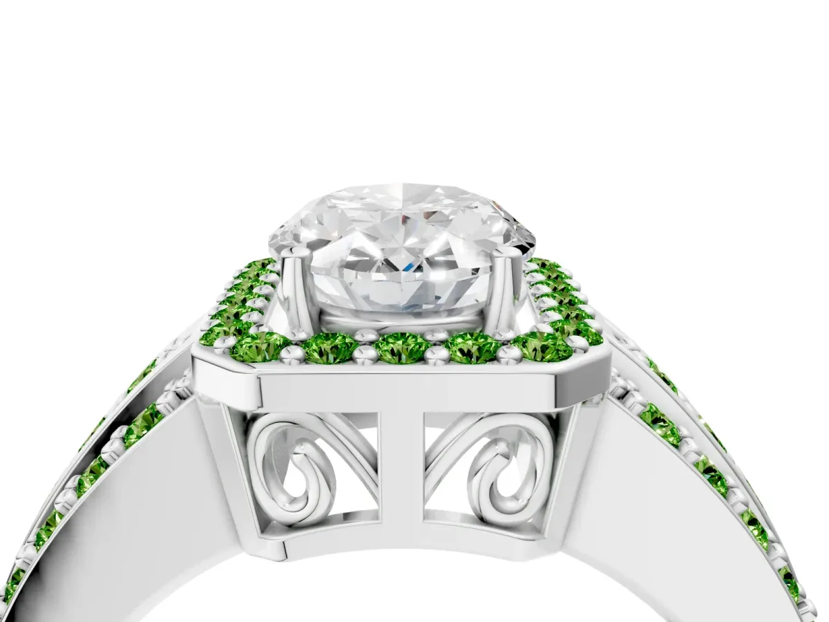 Oval Cut Halo Diamond Ring with Round Peridot Split Shank and Prong Setting Silver