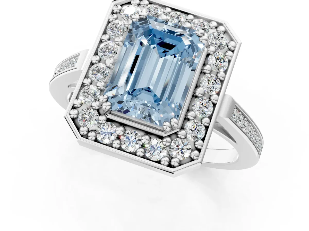 Fancy Blue Emerald Cut Diamond Halo Ring with Split Shank and Four-Prong Setting White gold